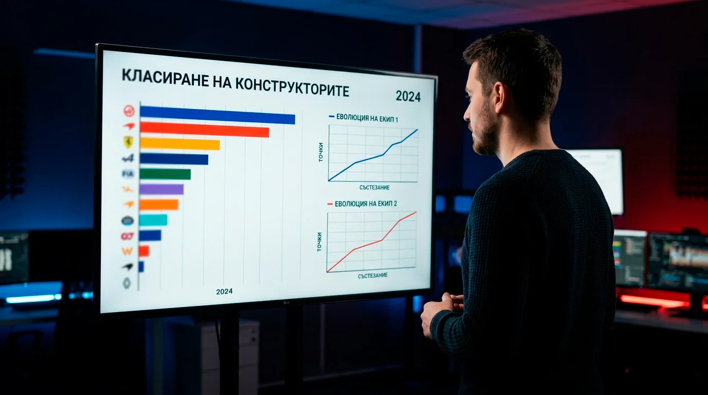 Аналитик визуализира прогноза за поточки на отбор на голям монитор