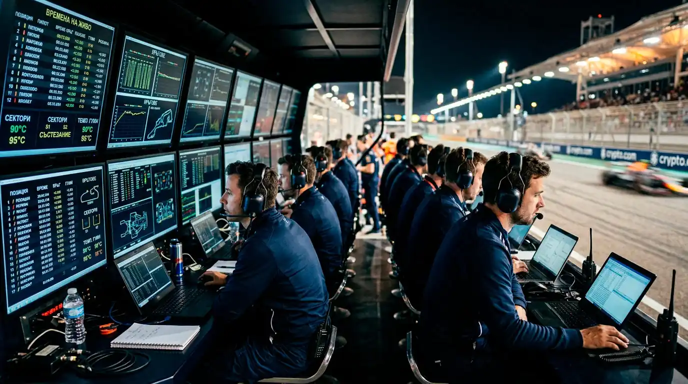 Pit wall на отбор от Формула 1 със стена от екрани, показващи телеметрия в реално време
