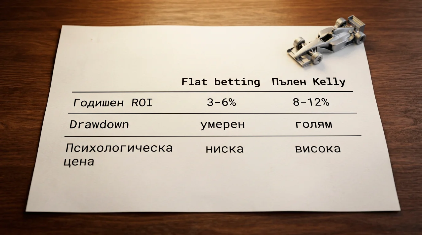 Сравнителна таблица на ROI и drawdown между flat betting и пълен Kelly за F1