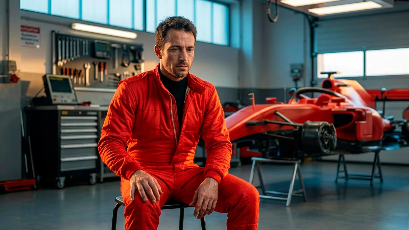 Луис Хамилтън в червената екипировка на Ferrari в дисциплиниран момент