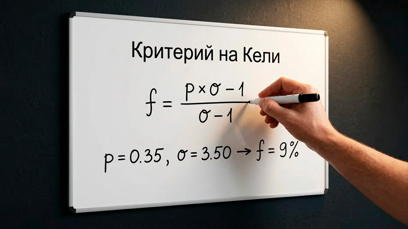 Критерий на Кели изписан върху бяла дъска с пример за F1 подиумен залог
