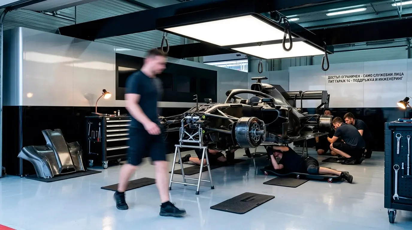 Гараж на Mercedes по време на предсезонна подготовка за F1 сезон 2026