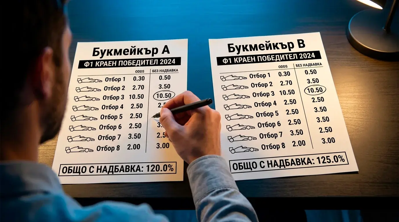 Сравнение на no-vig коефициенти между различни букмейкъри за F1 пазар