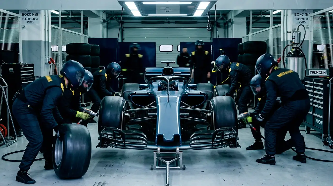 Пит-стоп със смяна на гуми по време на F1 състезание