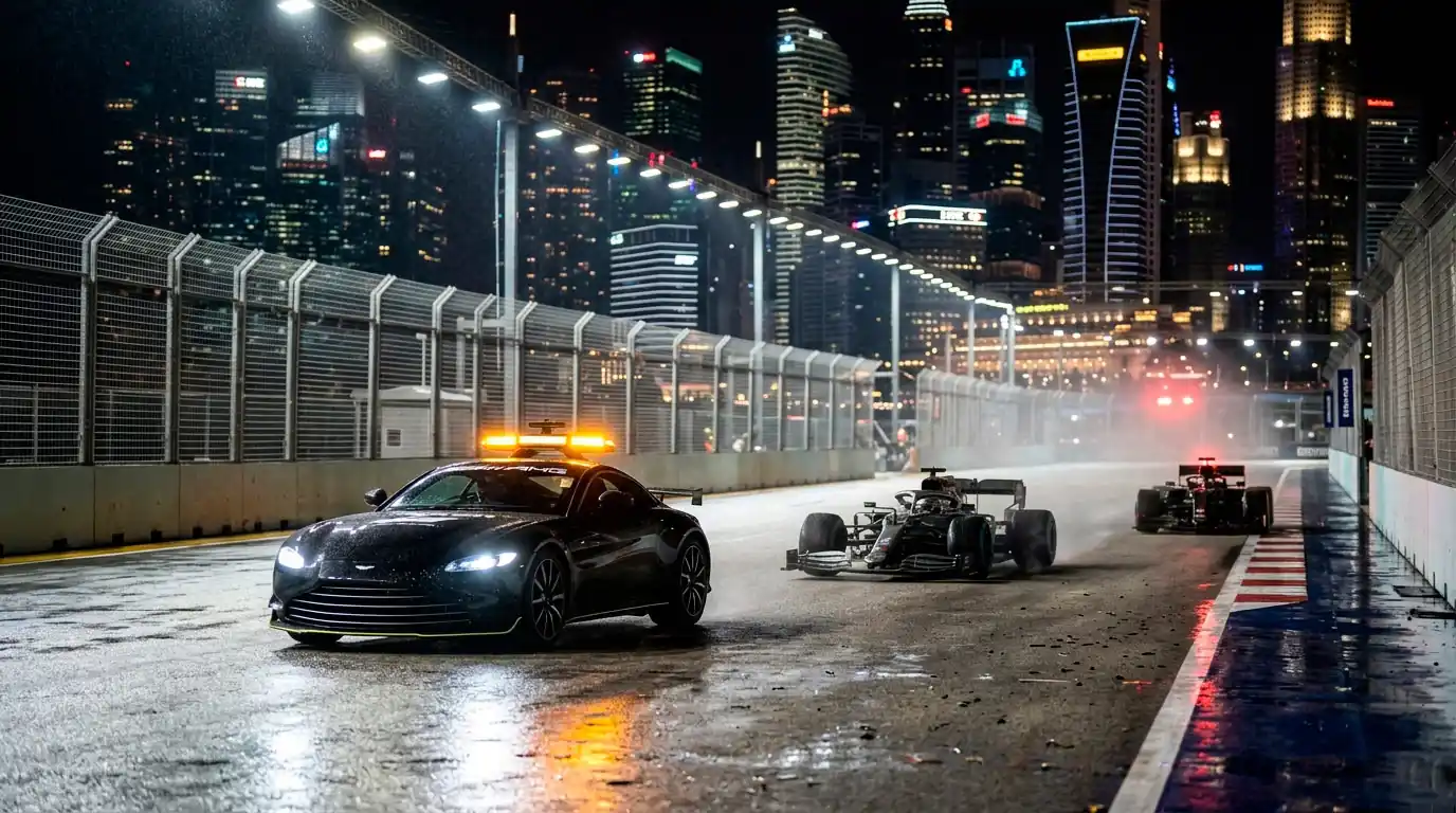 Нощно градско трасе в Сингапур със safety car сигнал и пилот на средния грид