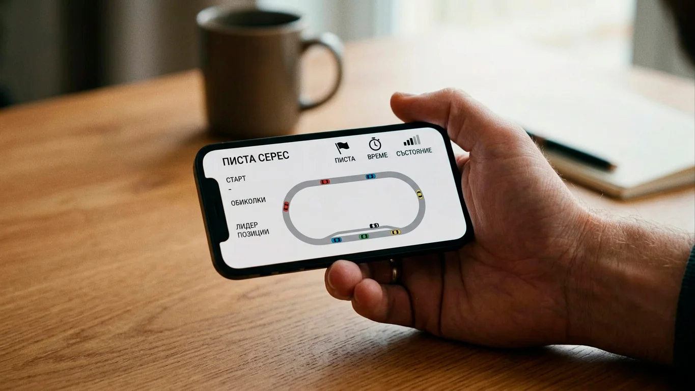 Смартфон с лайв трекер за F1 гонка в ръката на залагащ