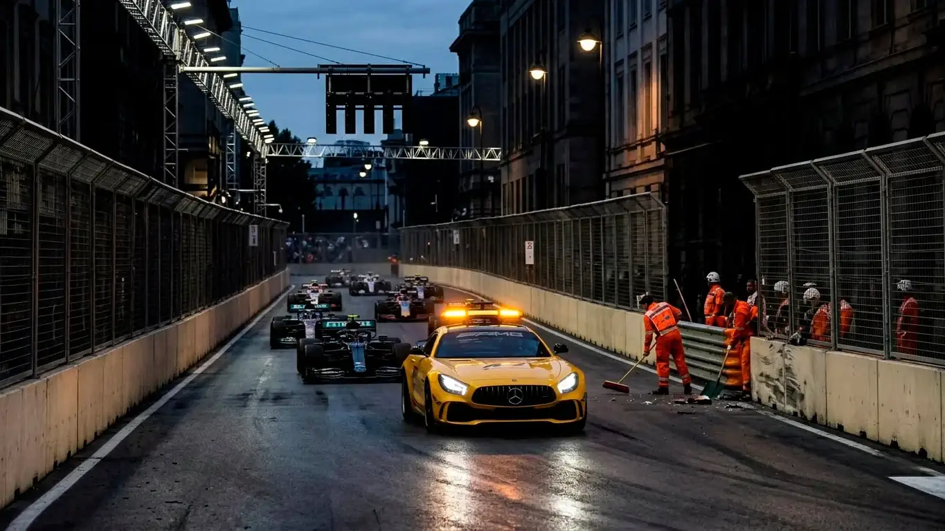 Safety car излиза на градско трасе след инцидент в гонката на Формула 1